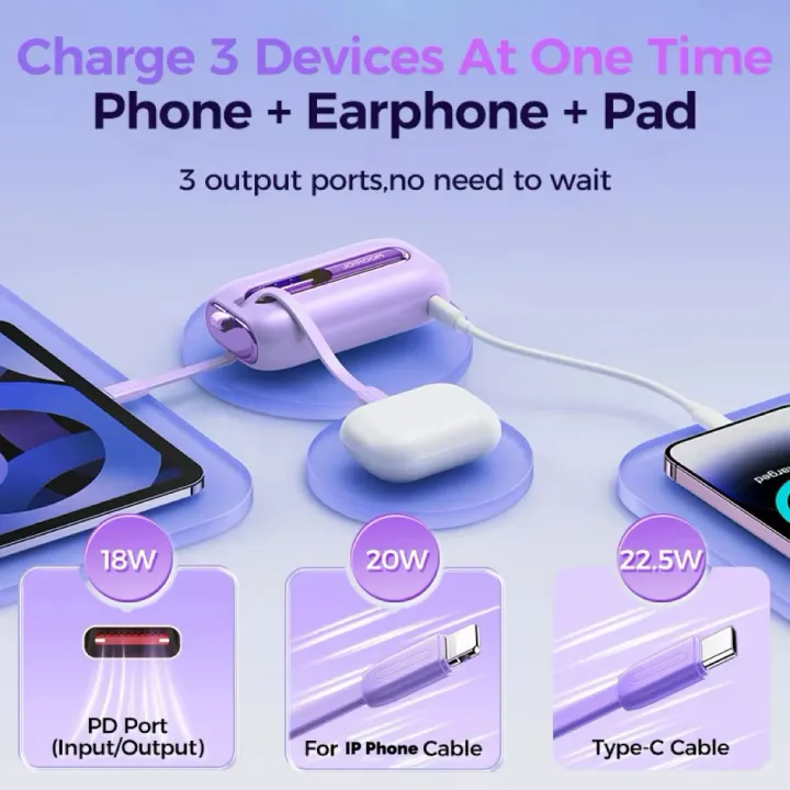JOYROOM 22.5W mini Power Bank 10000mAh with Dual Cables 3C Certified ...