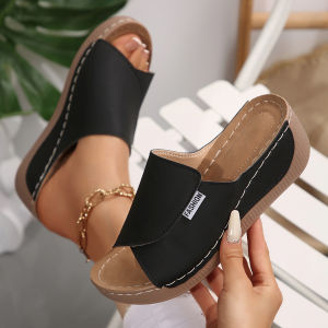 [Free Shipping] Plus-Size Thick-Soled Casual Slippers For Women New Style Wide Straps Simple And Fashionable Open-Toe Wedge Heel Slippers