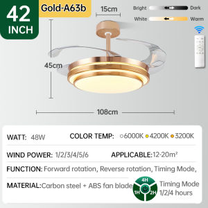 GOGEOUS 52inch ceiling fan with light modern ceilings fan with remote stainless steel ceiling fan with led light 3 colors dimming 6 gear wind ceiling fan heavy duty ceiling fan light ceiling fans for living room bedroom dinning garage