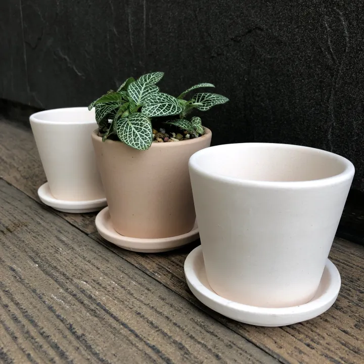 กระถางดินเผาสีขาว 3 นิ้ว พร้อมจานรอง สำหรับปลูกต้นไม้