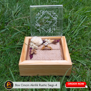 Kotak Cincin Elegan Custom Nama & Desain - Warna Putih Lemon/Hitam/Perak - Akrilik Rustic dengan Frame Kayu Jati