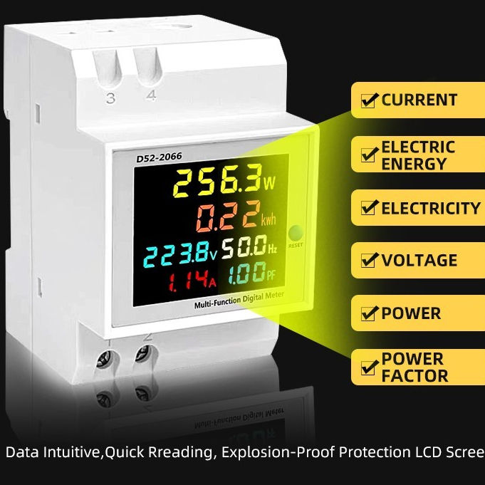 D52-2066 6IN1 Din rail AC Monitor 110V 220V 380V 100A Voltage Current Power Factor Active KWH Electric energy Frequency meter VOLT AMP