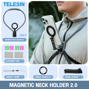 Telesin Mobile phone neck bracket วงเล็บแขวนคอ ที่วางโทรศัพท์มือถือ แบบคล้องคอ พร้อมที่วางโทรศัพท์ แบบแม่เหล็ก ปลดเร็ว ปรับได้หลายมุม พร้อมสายคล้อง และแหวนโลหะ สําหรับ iPhone 15 14 13 12 Android Smar
