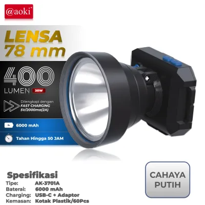 AOKI Senter Kepala 40W 60W cahaya terang USB type C baterai lithium tahan lama adaptor 5V2A
