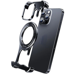 Oatsbasf Bezel-less Phone Case for IPhone 16 Pro Max Metal Phone Cover with 360°Rotation Finger Ring Holder