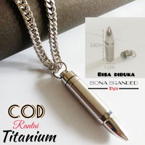 Kalung pria terbaru titanium rantai anti karat plus liontin atau bandul peluru tabung bisa dibuka tutup (Silver)