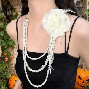 Hmeme สร้อยคอยาวประดับมุกหลายชั้นลายดอกกุหลาบเครื่องประดับโซ่สำหรับผู้หญิง