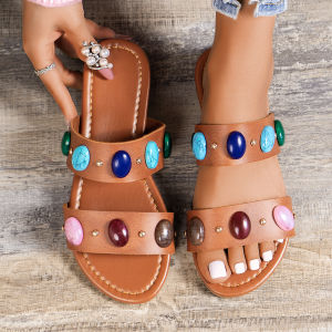 [Free Shipping] Flip-Flops For Spring And Summer New Colorful Gemstone Flat Sandals For Women Studded Beach Slippers