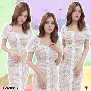 TW20813 เดรสลูกไม้คอเหลี่ยม แขนพอง ..