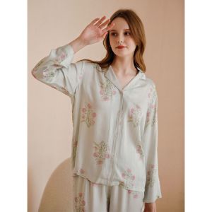 New Fashion Viscose Fiber Long Sleeve Floral Pajama Set Womens Ankle-Length Pants Pajamas Spring and Summer Comfortable Home Clothes