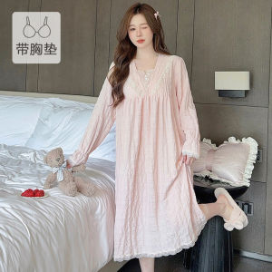 ชุดนอนสตรีขนาดใหญ่พร้อมอกสไตล์ใหม่ฤดูใบไม้ผลิฤดูร้อนชุดนอนแขนยาวผ้าฝ้ายบุนวมสไตล์เจ้าหญิงหวานเสื้อผ้าใส่ในบ้านขนาดใหญ่พิเศษ