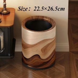 FFBH Vintage Waste Bins Thickened Carbon Steel Metal Garbage Bins Office Study Wastebasket Wooden Style Luxury Kitchen Trash Can 4P7H5