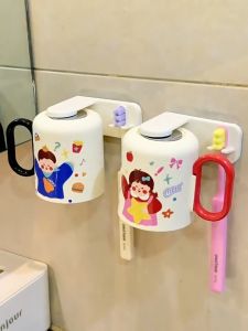 Cartoon Magnetic Toothbrush Cup with Rack Self-adhesive Inverted Drain Water Cup Bathroom Organizer