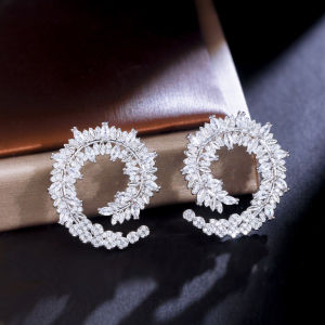 SEQUITO Luxury Women Jewelry Silver Gold Plated Full Pave Settings Micro Sparkling AAA Cubic Zircon Cluster Leaf Big Stud Earrings for Banquet Party SE676