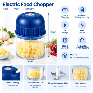 MONDIAL 250ml Blue Wireless Electric Chopper 3 Pieces Fine Steel Blades 40W Power 600mAh Battery Rechargeable Mini Meat Grinder for Kitchen Seasoning & Salad Ingredients