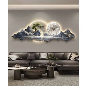 (ẢNH CHỤP) Tranh đồng hồ đèn led núi non hùng vĩ 9 trang trí decor quán uv kèm đinh