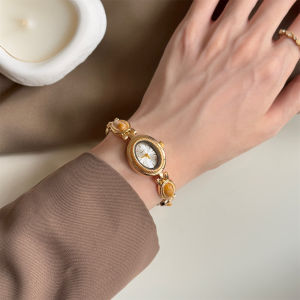 Ladies Watch Oval Metal Case Agate Bead Bracelet Watch For Women Elegant Daily Waterproof No Tarnish Exquisite Gifts
