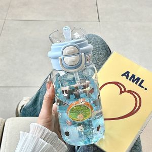 Straw Cup for Girls Ins Cute Cartoon Dual-Use Water Bottle with Top Bottom Drinking Summer Cup