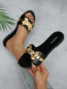 [Free Shipping] New Fashion WomenS Slippers With Bowknot Buckle Versatile Solid Color Decorative Round-Toe Flat Sandals