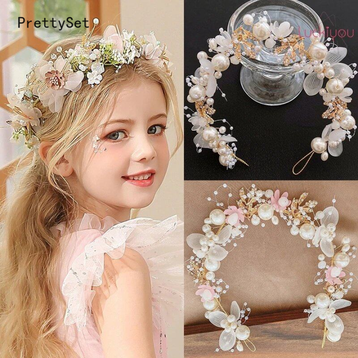 【PrettySet】Elegant Pearl Crowns Flower Wreath Headband Girls Bridal