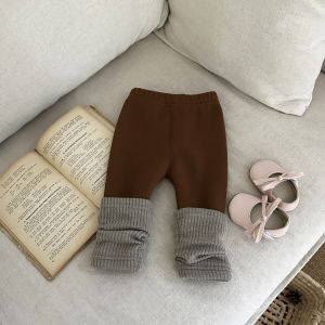 Girls leggings for autumn and winter stylish baby pants with fleece lining thickened and color-blocked winter wear childrens outerwear long pants