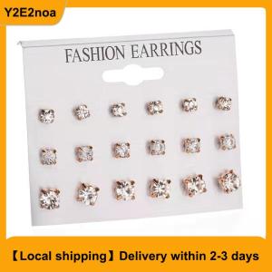 【Local shipping】 Fashion Simple 9 Pairs set Mix Stud Earrings Set Square Geometric Earrings For Women New Rhinestone Earrings Jewelry