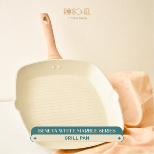 Roschel Beneta White Marble Coating Non-Stick Grill Pan 28 cm Panci Panggang Wajan Penggorengan Fry Pan Pemanggang BBQ Yakiniku Anti Lengket Induksi Putih