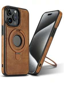 Phone Holder Retro PU Leather Magnetic Phone Case Compatible With IPhone 16 15 14 Plus 13 12 Pro Max - With Invisible Ring Holder Support Wireless Charging