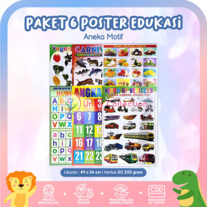 Paket 6 Poster Edukasi Anak Lengkap Belajar Buah Huruf Abjad ABC Angka Sayuran Hewan Kendaraan