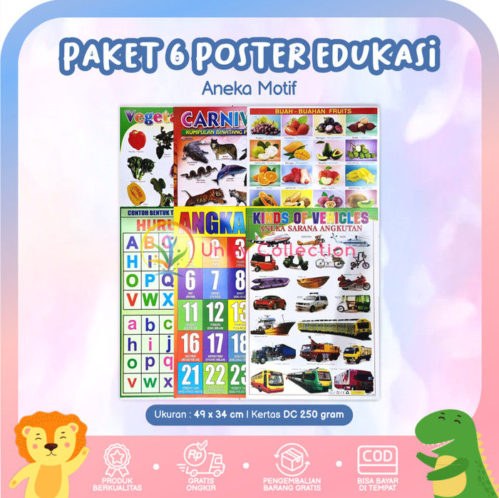 Paket 6 Poster Edukasi Anak Lengkap Belajar Buah Huruf Abjad ABC Angka Sayuran Hewan Kendaraan