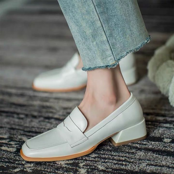 European Fashion Soft Leather Loafers Square Retro Lady Thick