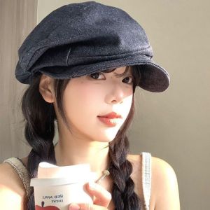 NOVELLEO Cloth Denim Beret Japanese Cloud Pleated Painter Hat Vintage Y2K Octagonal Cap Women