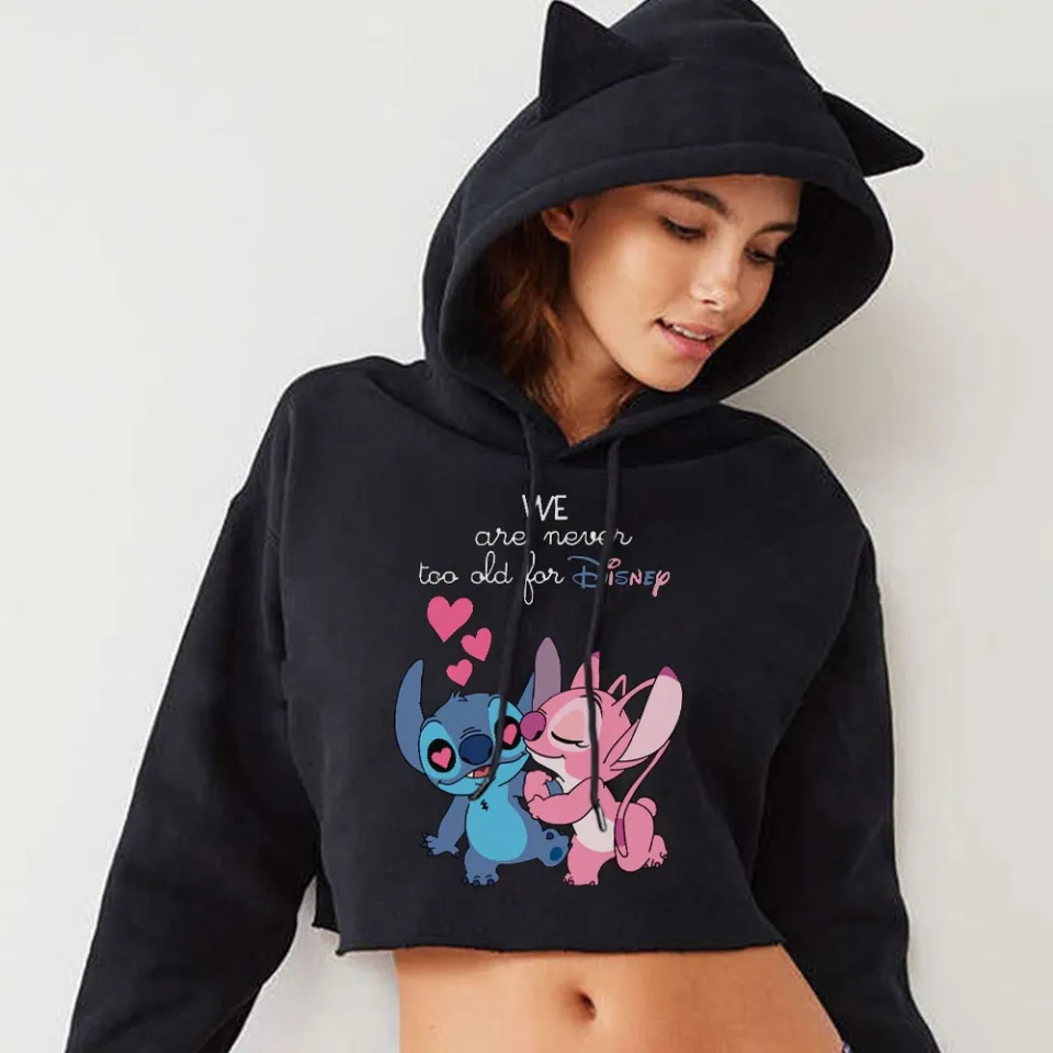 Disney Lilo Stitch Funny Print Hoodies Oversized Streetwear Fashion Cool  Black Drawstring Short Crop Hoodie Women Cat Ears Hood