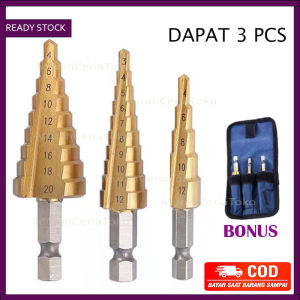 3 IN 1 SET Mata Bor Step Pagoda HSS Spiral Titanium Coated / Mata Bor Set Besi Kayu Tembok / Set Alat Tukang Lubang / Mata Bor Set Besi Kayu HSS /  Step Drill Titanium