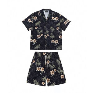 เซ็ต2ชิ้น เสื้อเชิ้ตฮาวาย ลายดอก เสื้อคอปกแขนสั้นกระดุมหน้าสีดำลายต้นมะพร้าว ดอกชบา+กางเกงขาสั้นเอวยางยืด ผ้าไหมอิตาลี ชุดไปทะเล เสื้อสงกรานต์ #hw8005