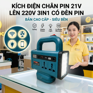 Bộ Chuyển Đổi Nguồn Pin 21V Thành 220V Đa Năng 3 Trong 1 - Kích Điện Chân Pin Phổ Thông Tích Hợp Đèn Pin Siêu Bền