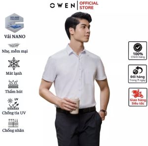 Áo sơ mi trắng cộc tay Owen 100% Nano - Bodyfit vạt ngang