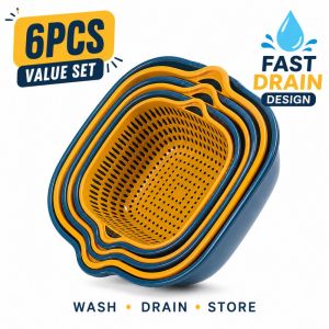6PCS Double Layer Drain Basket Set  Fruit & Vegetable Washing Basin Kitchen Storage Colander
