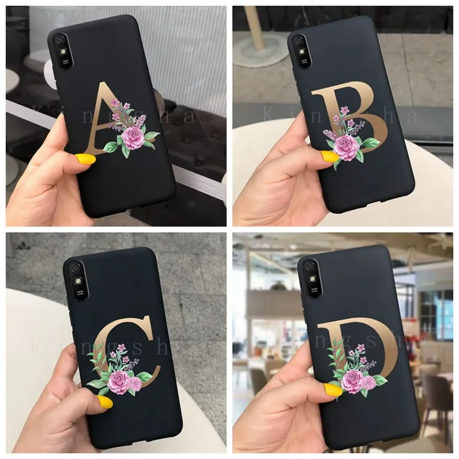 Black Xiaomi Redmi 9A with Letter Floral Gold Initial Alphabet