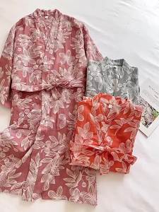 New Womens Pure Cotton Loose Bathrobe Japanese Style Tie Kimono Bathrobe Sweat Steaming Suit Double Layer Gauze Nightgown for Women