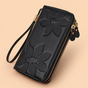 MISTLETOE Ladies Cow Genuine Leather Long Phone Wallet Large Capacity Dual Zipper Money Organizer Clutch Bag for Woman 2025 Black Red Color