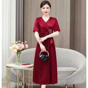 Elegant Burgundy Mother Wedding Dress 2025 New High-end Plus Size 4XL Wedding Banquet Dress for Mother Fashion Acetate V Neck Dinner Evening Long Dresses