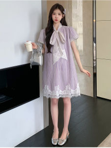 ชุดลูกไม้หวานสไตล์เกาหลีสีม่วงเย็บเสื้อแขนสั้นมีโบว์ติดชุดคลุมท้องขนาดใหญ่พิเศษ