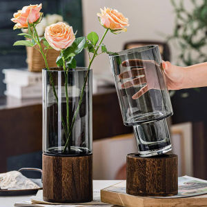 New Chinese Style Glass Vase with Wooden Base Lily Sunflower Coffee House Office Home Flower Arrangement Container