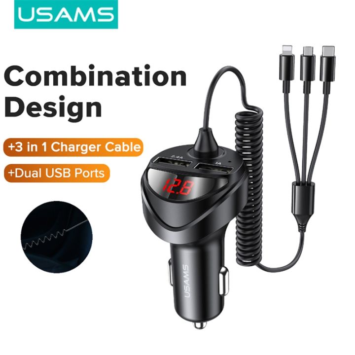 USAMS Car Charger Dual USB With 3IN1 Stretchable Spring Charging Cable ...