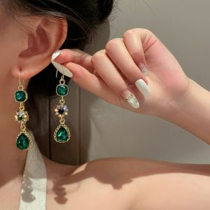 Korean S925 Long Emerald Ear Hook Earrings Water Drop Flower Zircon Retro Earrings Light Luxury Earring Earrings for Women Jewellery