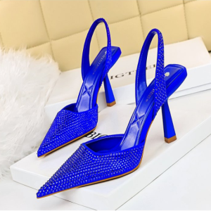 Huilm Womens high heels heel height 8cm2024 spring and summer French black high heels womens stiletto pointed blue rhinestones Heeled Sandals Banquet shoes