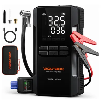 WOLFBOX MegaVolt 24Air 4000A Black Emergency Car Jump Starter with 160PSI Air Compressor 24000mAh 12V Battery Booster 65W Fast Charging LED Display Portable Tire Inflator LED Flashlight Jumper Cables for Up to 10L Gas & 10L Diesel Engines