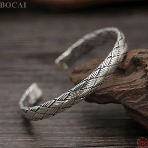 BOCAI New Real S925 Sterling Silver Charms Bracelets for Men Antique Handmade Woven Pattern Punk Bangle Fine Choice Jewelry