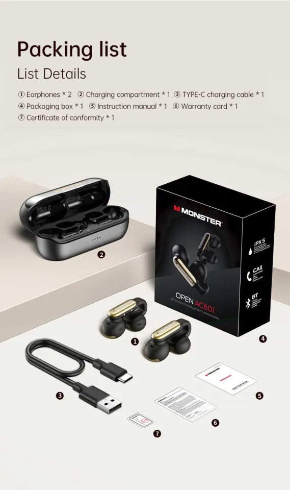 Monster Open Ear AC601 Bluetooth 5.4 Earphones E62 Ear Clip